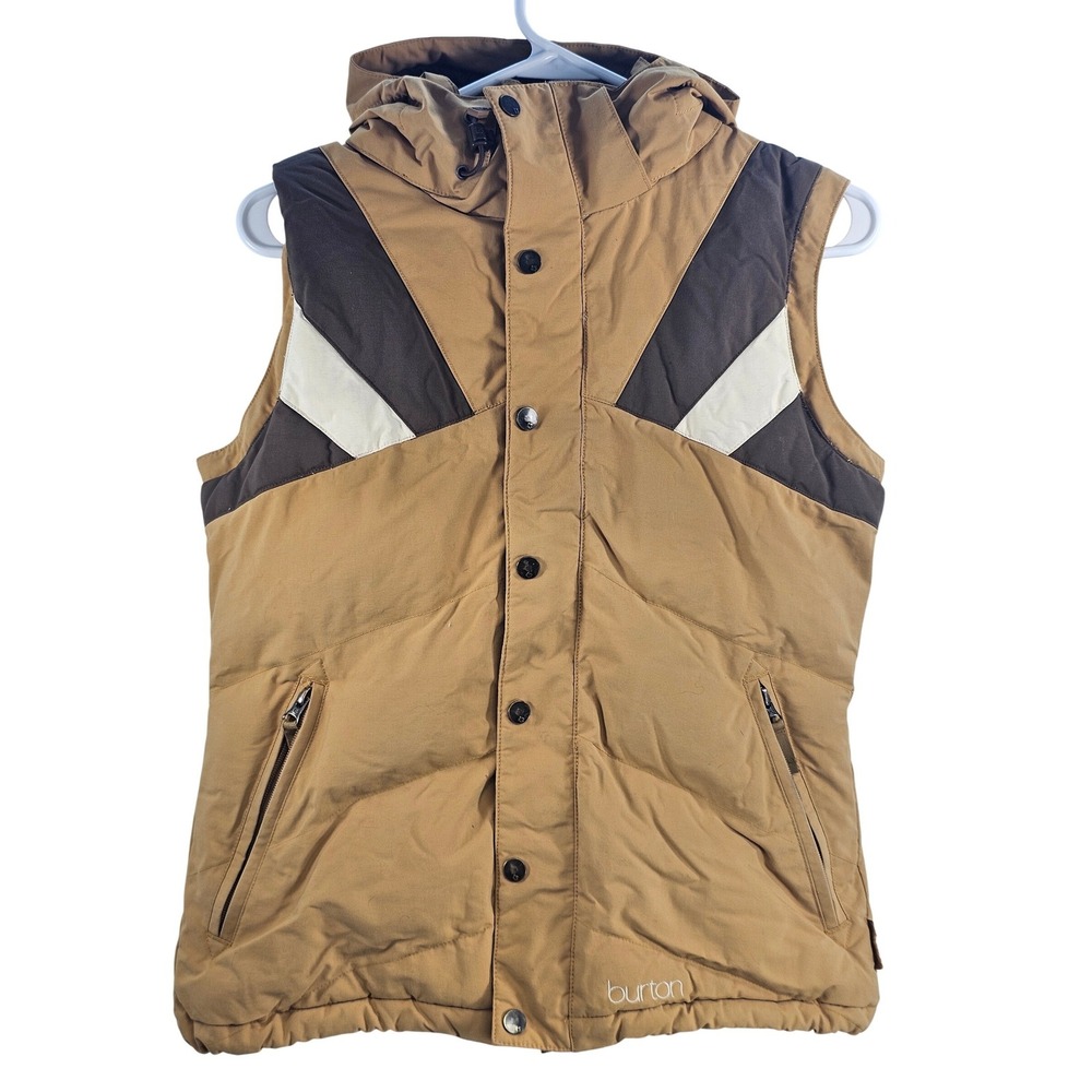 Burton Puffer Vest Hooded Tan Brown White Patchwork Ski Snowboard Women's Size S